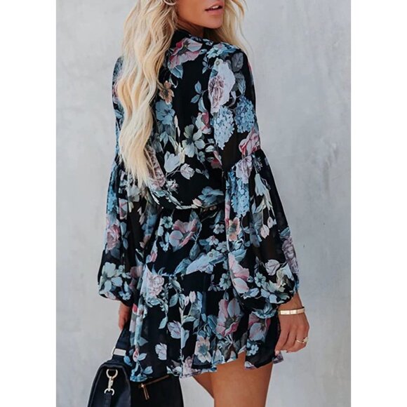 Multicolor Floral Printed Belted Ruffle Long Sleeve‎ Button Up A-Line Mini Dress - Picture 2 of 9